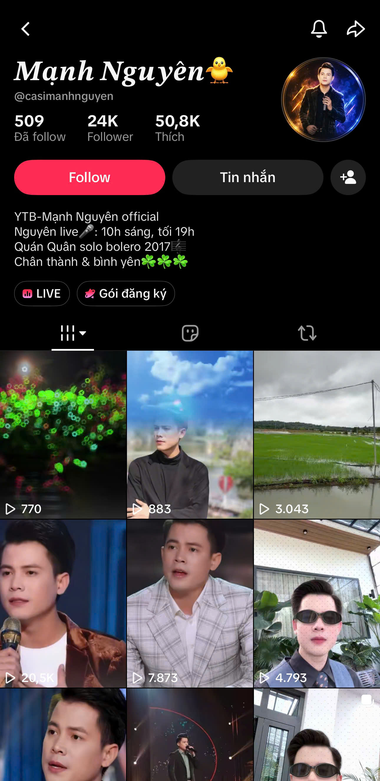 Hồ sơ TikTok ca sĩ Mạnh Nguyên, @casimanhnguyen